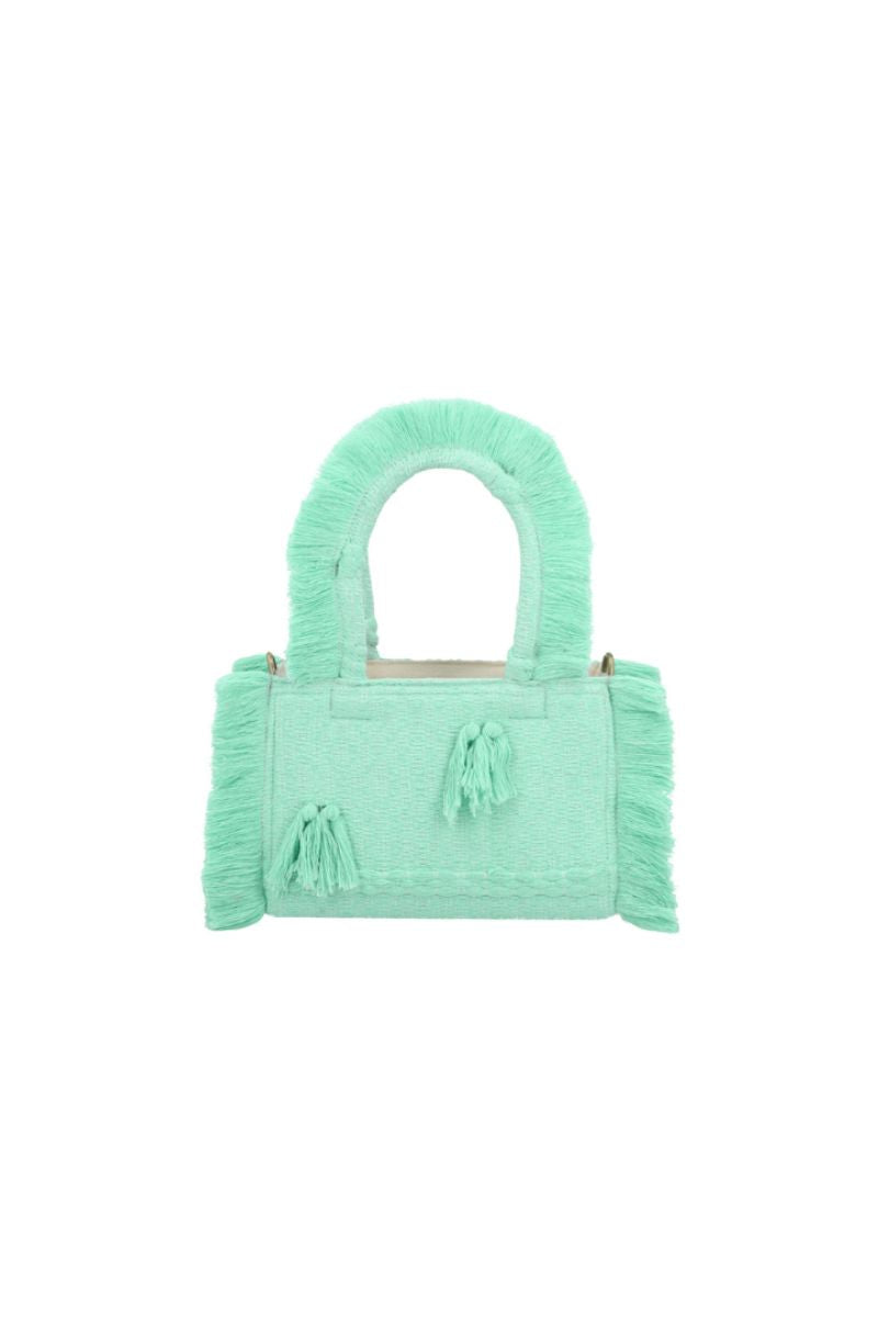 Bani Mini Poka Aqua top handle bag with a compact design and vibrant aqua color, featuring a sleek handle and stylish look.
