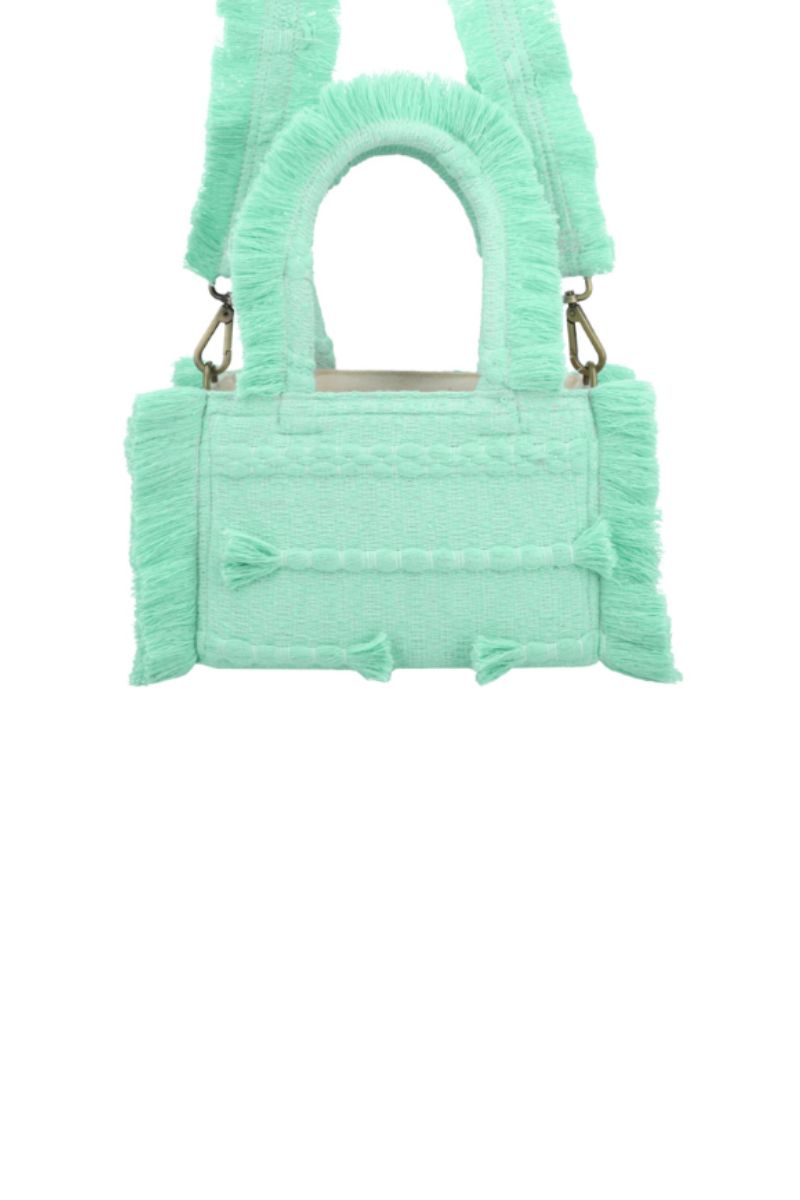 Light blue Bani Mini Poka Aqua top handle bag with a compact design and sturdy handle, perfect for stylish everyday use.