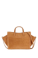 Saonara camel suede mini shopping bag with shoulder strap, stylish compact design, perfect for casual outings.