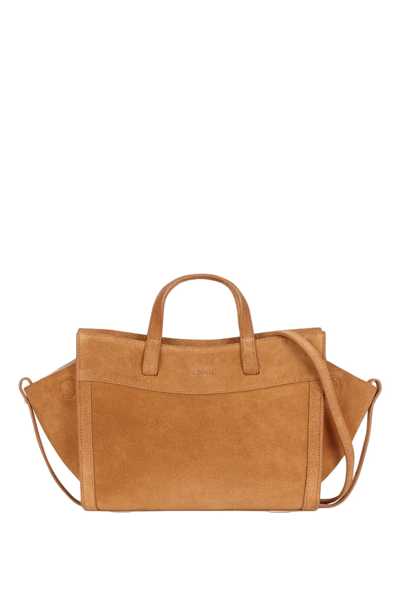 Saonara camel suede mini shopping bag with shoulder strap, stylish compact design, perfect for casual outings.