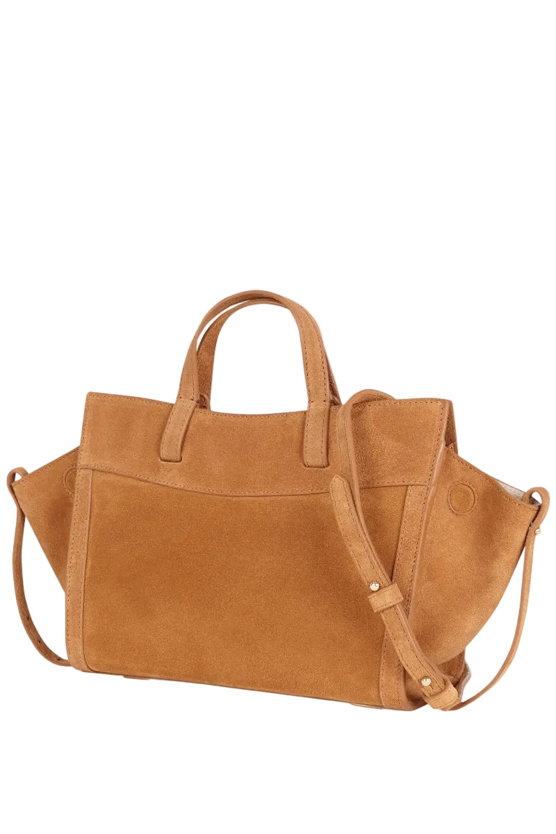 Saonara camel suede mini shopping bag with shoulder strap, stylish compact accessory for casual outings.