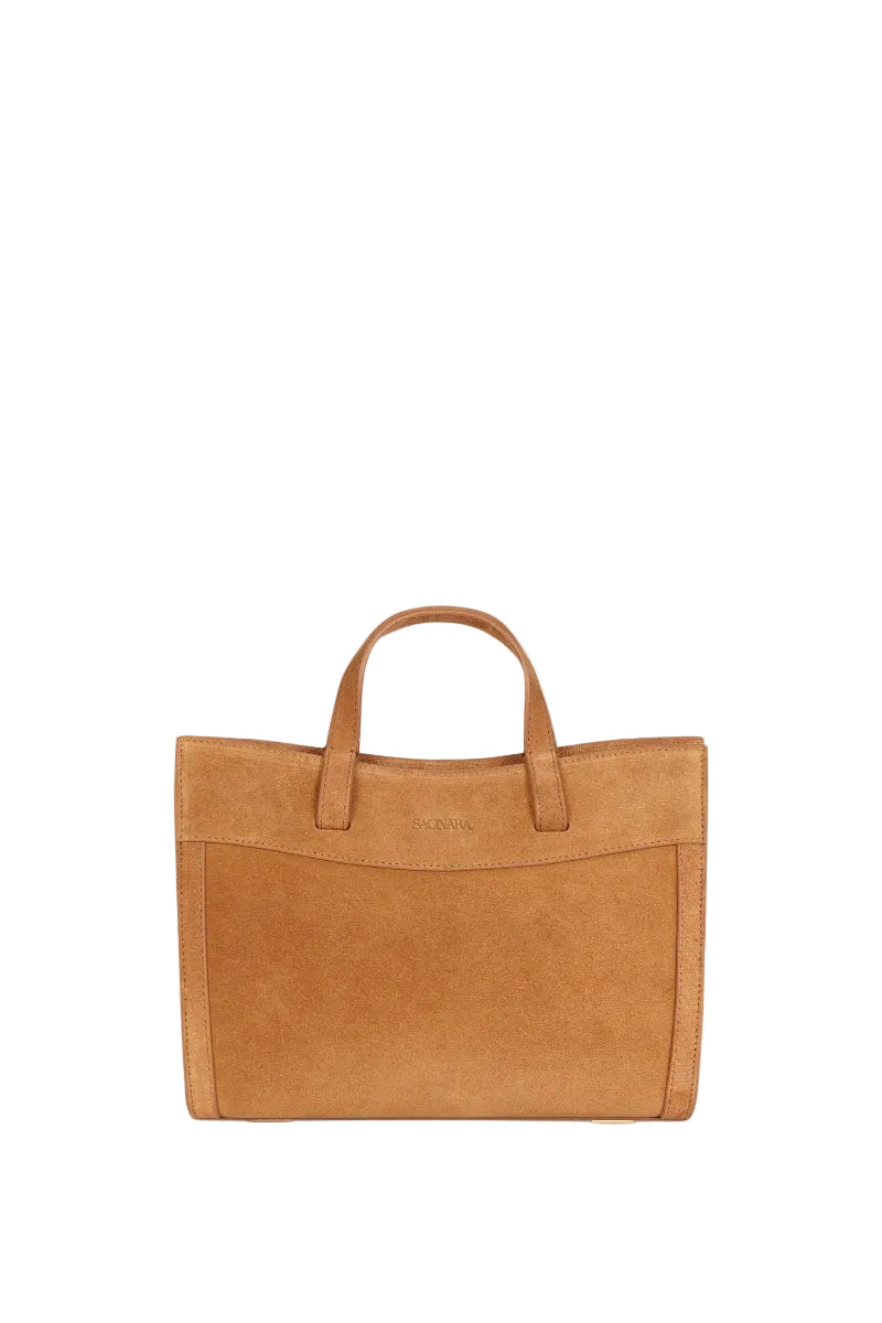 Saonara camel suede mini shopping bag with shoulder strap, stylish and compact accessory for everyday use.