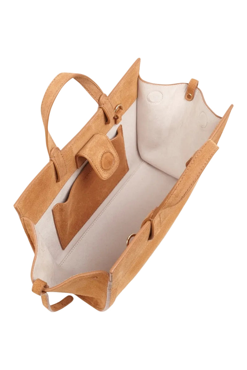 Saonara camel suede mini shopping bag with shoulder strap, stylish compact bag for everyday use, detailed view of material and design.