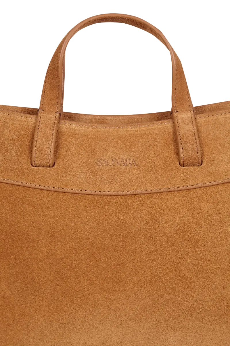 Saonara camel suede mini shopping bag with shoulder strap, stylish and compact accessory for everyday use.