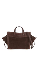 Saonara mini shopping bag in chocolate suede with shoulder strap, stylish and compact accessory for everyday use.