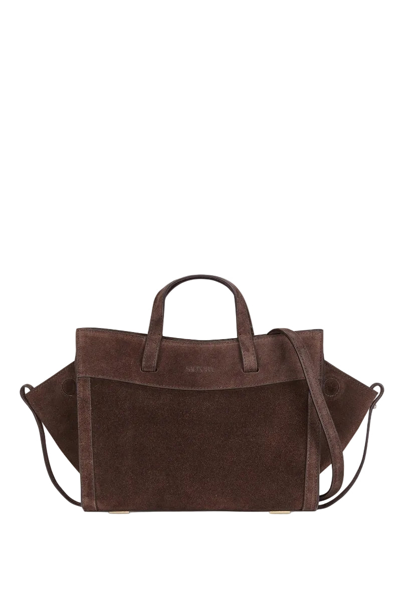 Saonara mini shopping bag in chocolate suede with shoulder strap, stylish and compact accessory for everyday use.