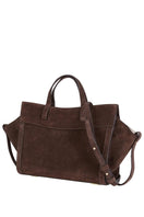 Saonara mini shopping bag in chocolate suede with shoulder strap, stylish and compact for everyday use.