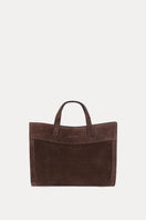 Saonara mini shopping bag in chocolate suede with shoulder strap, stylish and compact accessory for everyday use.