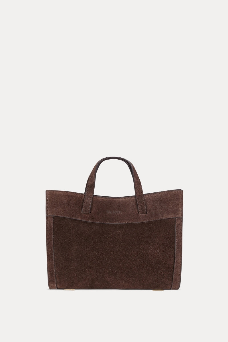 Saonara mini shopping bag in chocolate suede with shoulder strap, stylish and compact accessory for everyday use.