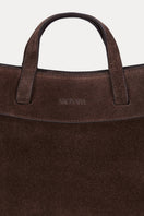 Saonara mini shopping bag in chocolate suede with shoulder strap, stylish and compact for everyday use.