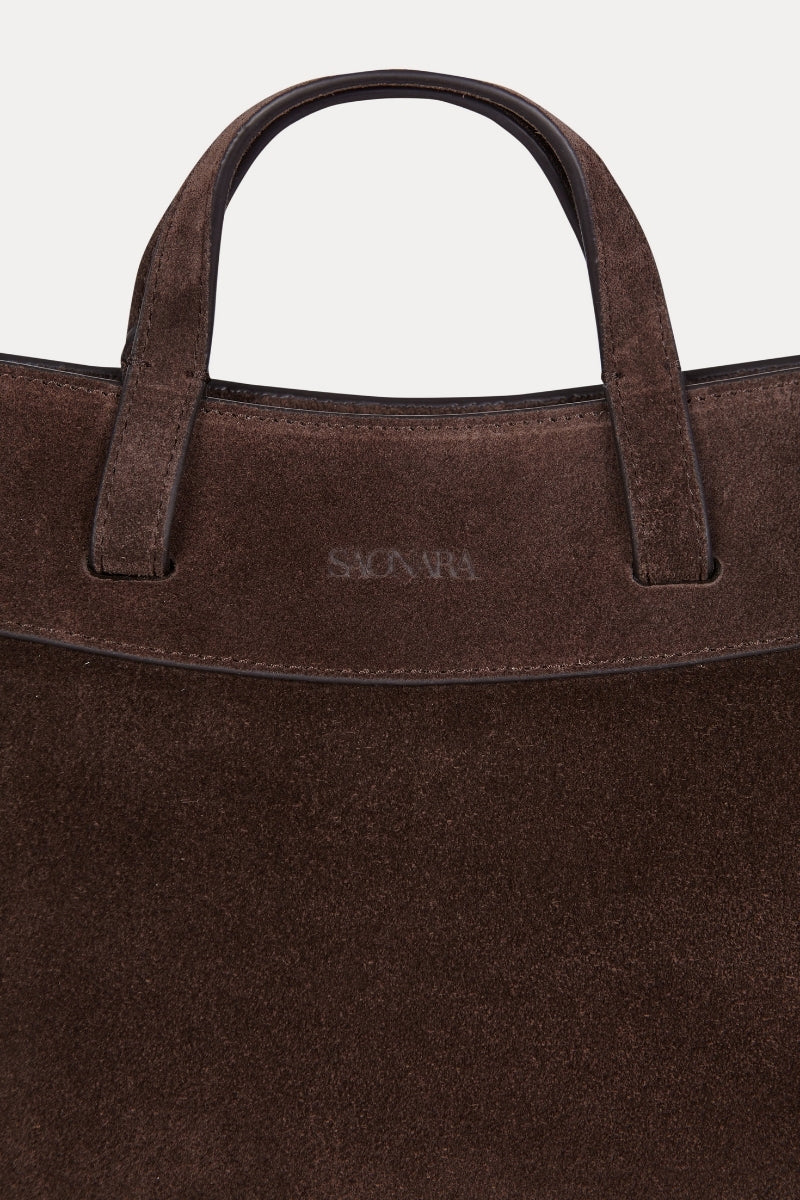 Saonara mini shopping bag in chocolate suede with shoulder strap, stylish and compact for everyday use.