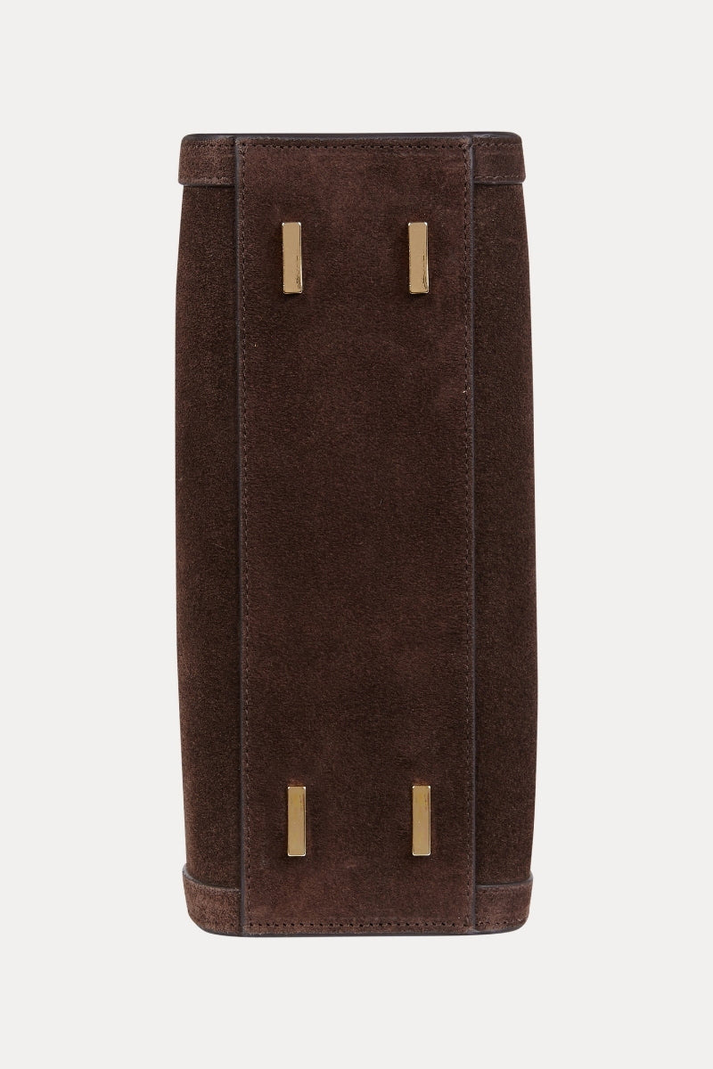 Saonara mini shopping bag in chocolate suede with shoulder strap, small stylish accessory for casual or elegant outfits.
