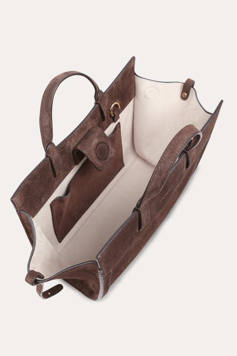 Saonara mini shopping bag in chocolate suede, shoulder bag with sleek design and soft textured surface.