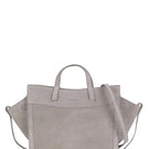 Gray suede mini shopping bag by Saonara, stylish shoulder bag with a compact design and soft textured material.