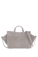 Gray suede mini shopping bag by Saonara, stylish shoulder bag with a compact design and soft textured material.