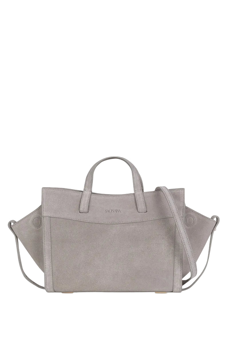 Gray suede mini shopping bag by Saonara, stylish shoulder bag with a compact design and soft textured material.