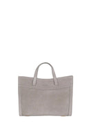 Gray suede mini shopping bag by Saonara with shoulder strap, featuring a compact design and soft textured surface.