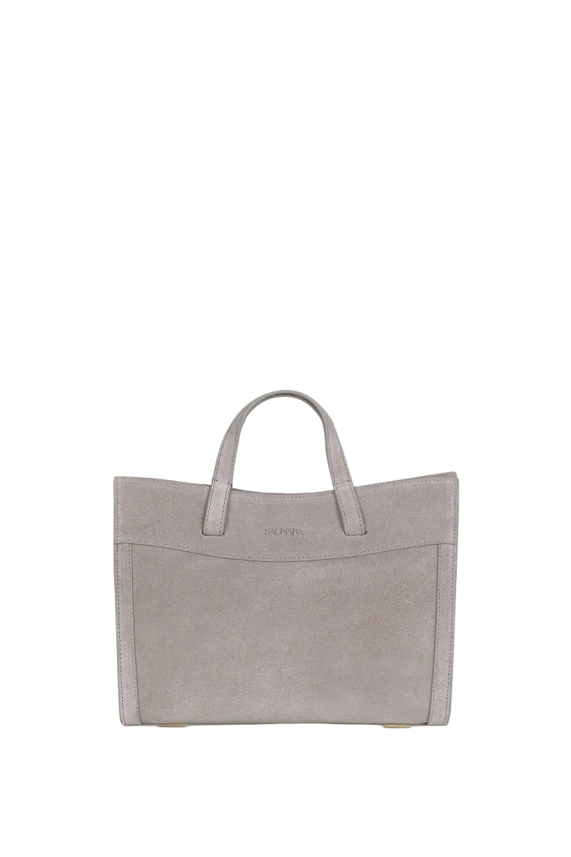 Gray suede mini shopping bag by Saonara with shoulder strap, featuring a compact design and soft textured surface.