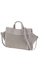 Gray suede mini shopping bag by Saonara with shoulder strap, featuring a compact and stylish design.