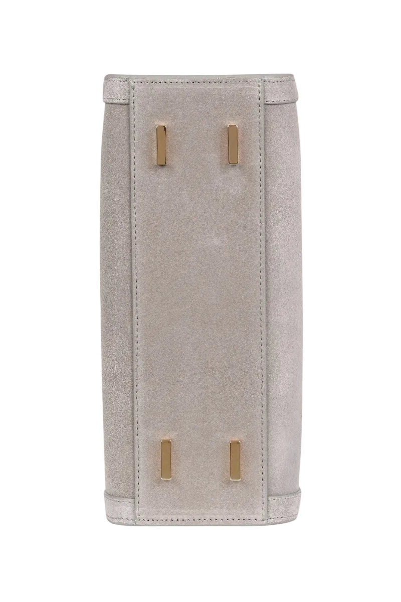 Gray suede mini shopping bag by Saonara, stylish shoulder bag with sleek design and soft texture.
