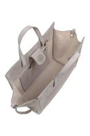 Gray suede mini shopping bag by Saonara with shoulder strap, featuring a compact design and stylish texture.