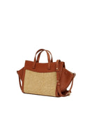 Saonara mini shopping bag in raffia and caramel leather with shoulder strap, stylish and compact for everyday use.