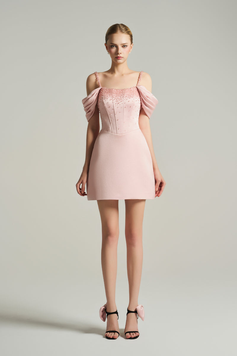 ROBE MINI BUSTIER ÉPAULES DÉNUDÉES ROSE CLAIR