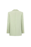 I.H.F Studio mint single-breasted blazer with asymmetric design, two-tone fabric, and crystal-embellished pockets.