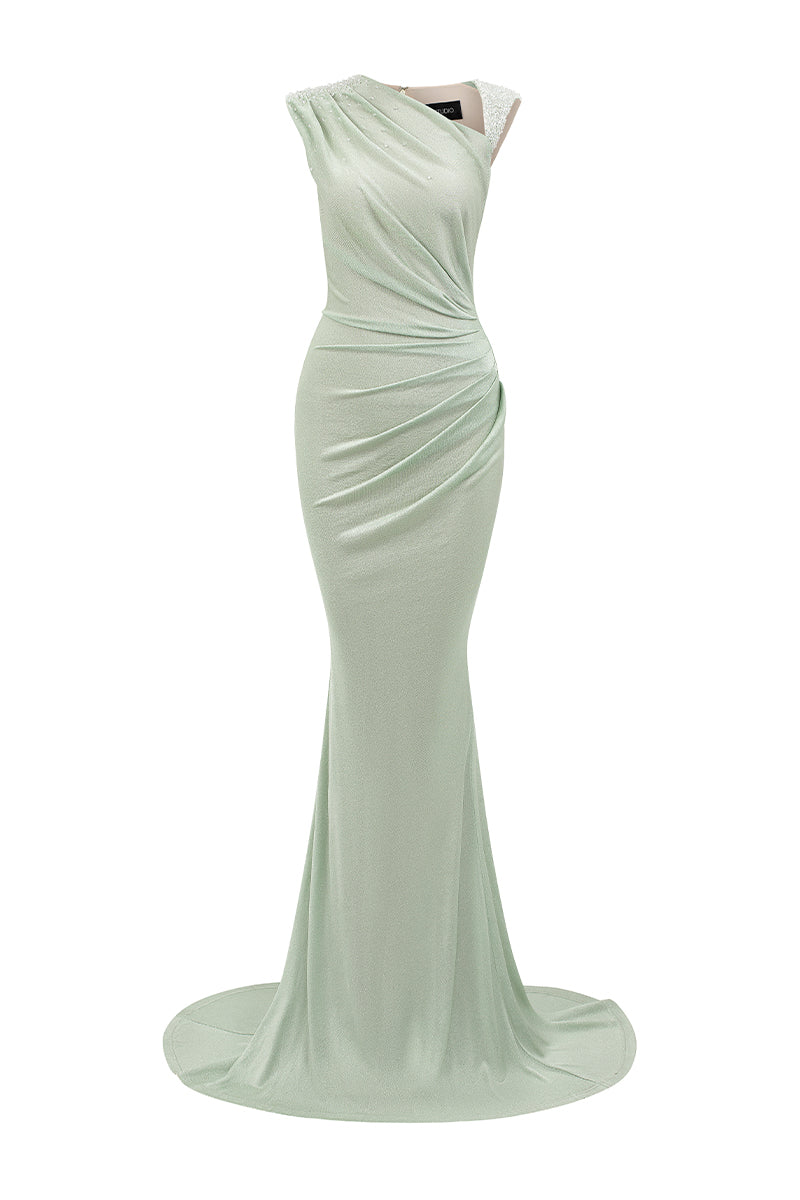 ASYMMETRIC NECKLINE GOWN IN MINT - CULT MIA