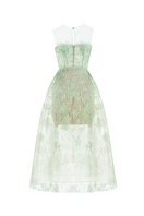 Mint beaded lace midi dress by Montsand, featuring intricate beadwork and elegant lace fabric, perfect for special occasions.