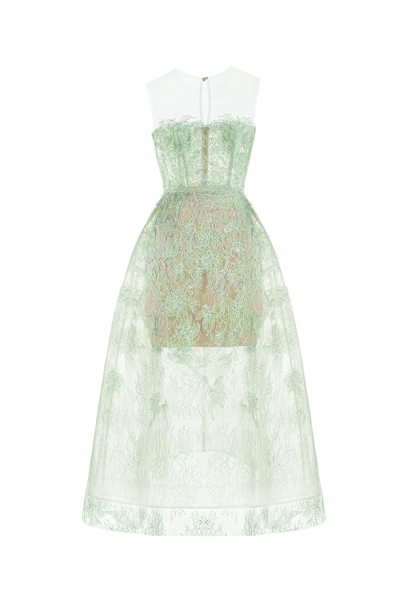 Mint beaded lace gown by Montsand featuring intricate beadwork and delicate lace fabric, elegant and perfect for formal occasions.