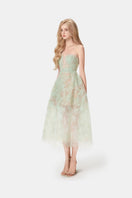 Mint beaded lace midi dress by Montsand, featuring intricate beadwork and elegant lace fabric, displayed on a hanger.