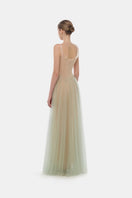 Mint corset tulle gown by Montsand, featuring a flowing tulle skirt and fitted bodice, perfect for elegant occasions.