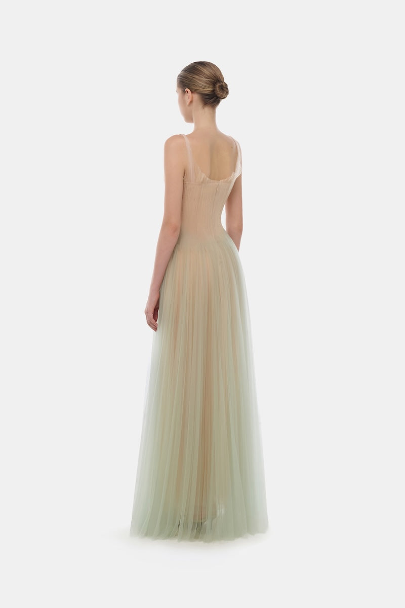 Mint corset tulle gown by Montsand, featuring a flowing tulle skirt and fitted bodice, perfect for elegant occasions.