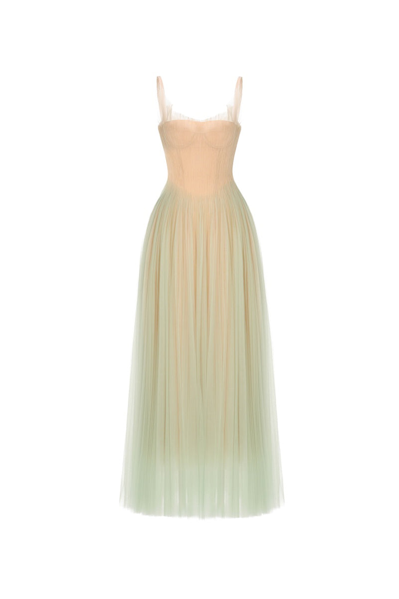 فستان ميدي من التول بلون النعناع مع مشدّ