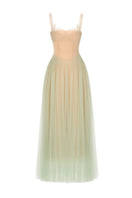 Mint green Montsand corset tulle midi dress with a fitted bodice and flowing skirt, perfect for elegant occasions.