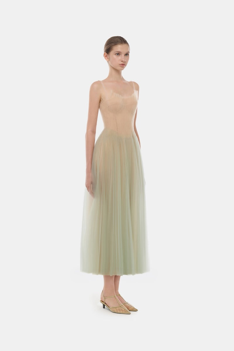 corset tulle dress midi Rosette Embellished Corset Tulle Skirt Midi Dress in Ivory