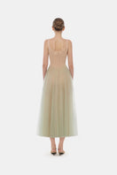 Mint Montsand corset tulle midi dress featuring a fitted bodice and flowing skirt, perfect for elegant occasions.