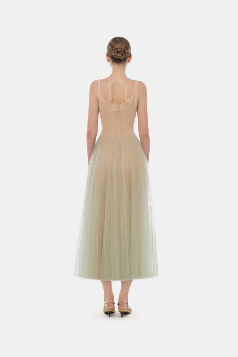 Mint Montsand corset tulle midi dress featuring a fitted bodice and flowing skirt, perfect for elegant occasions.
