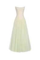 Mint draped lace maxi dress by Montsand, featuring flowing fabric and elegant design, perfect for formal occasions and summer events.