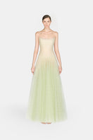 Mint draped lace maxi dress by Montsand, flowing fabric with intricate lace detailing, perfect for elegant summer occasions.