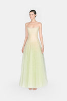 Mint draped lace maxi dress by Montsand, flowing fabric with intricate lace details, full-length design perfect for elegant occasions.