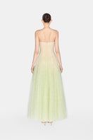 Mint draped lace maxi dress by Montsand, flowing fabric with elegant lace details, perfect for summer or formal occasions.