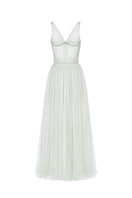 Mint V-neck draped midi dress by Montsand featuring a flowing silhouette and elegant draping details.