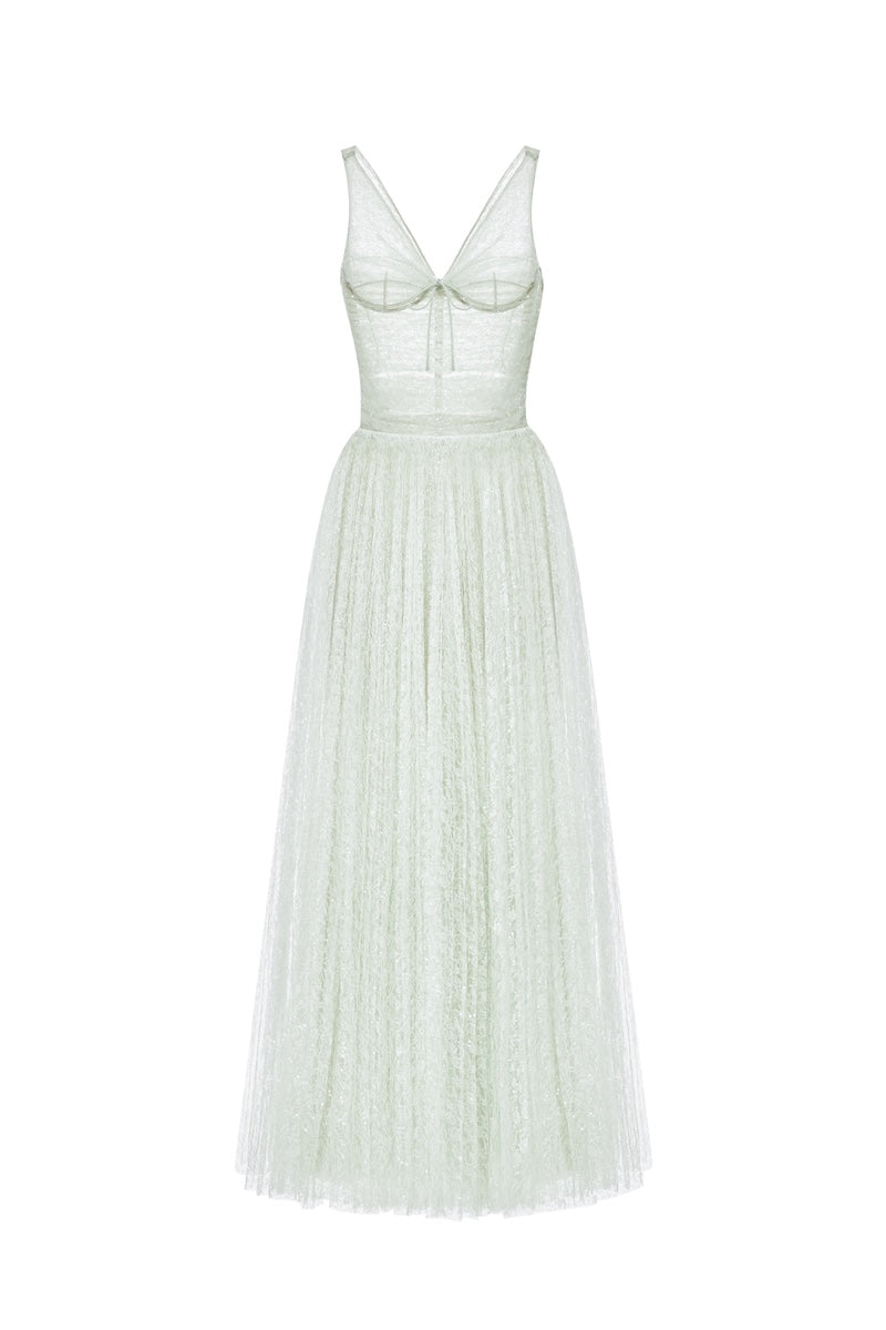 Mint V-neck draped gown by Montsand, midi-length dress with elegant draping and a flowing silhouette.