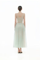Mint V-neck draped midi dress by Montsand, featuring a flowy, elegant design with soft fabric and a stylish V-neckline.
