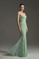 Green floral mesh lace and chiffon gown by I.H.F Studio, strapless mermaid style with intricate lace details.