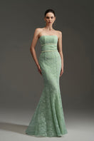 Green floral mesh lace and chiffon gown by I.H.F Studio, strapless mermaid style with intricate lace details.