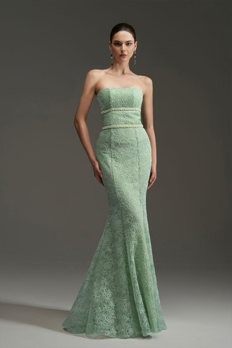 Green floral mesh lace and chiffon gown by I.H.F Studio, strapless mermaid style with intricate lace details.