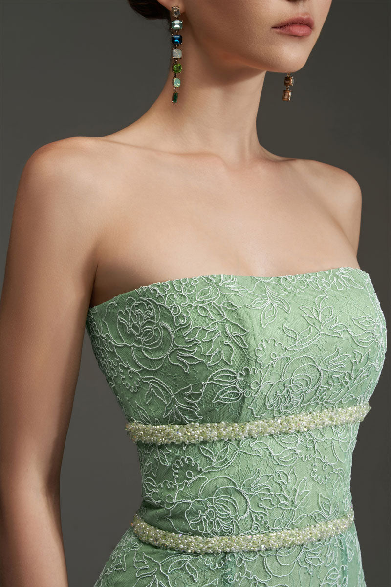 Green floral mesh lace and chiffon gown by I.H.F Studio, strapless mermaid style with intricate lace details.